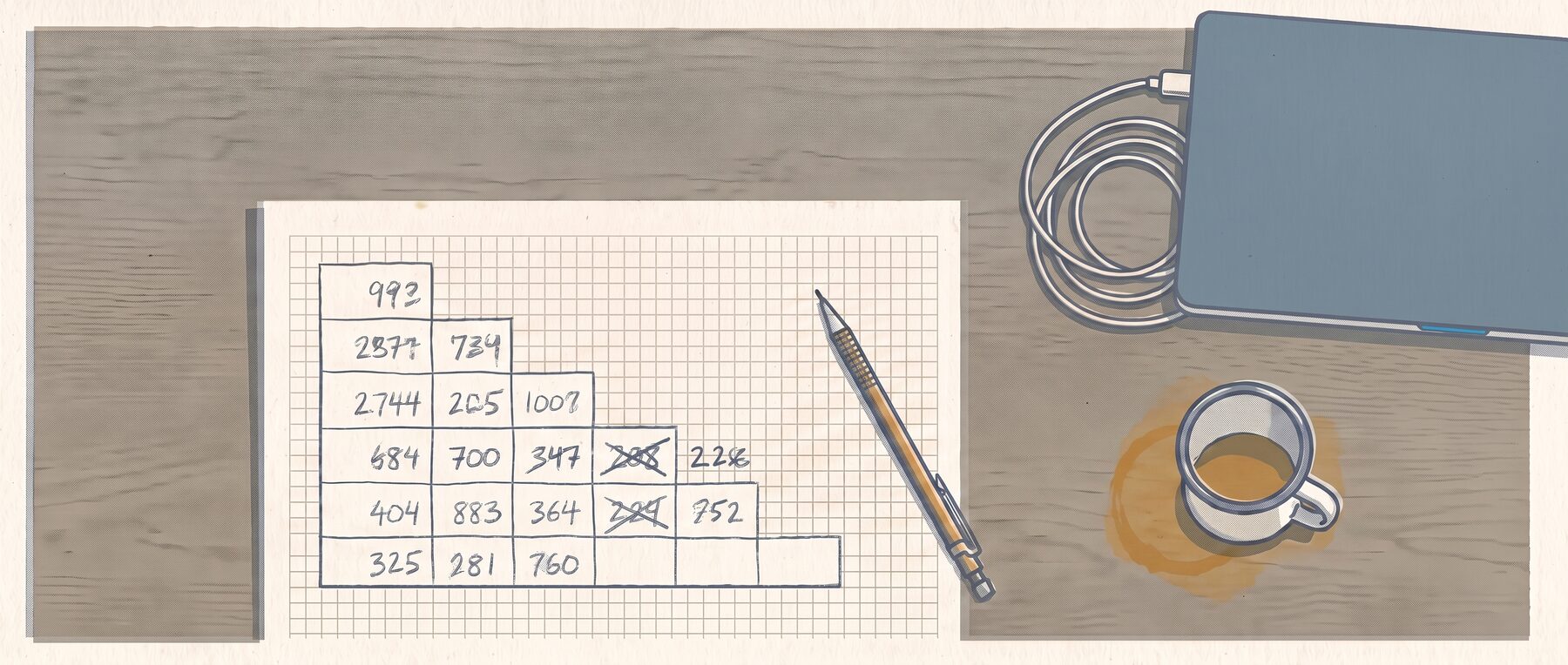 Overhead view of a desk: a loss development triangle worked out by hand on graph paper, a mechanical pencil, an enamel mug, and a closed laptop with a coiled cable.